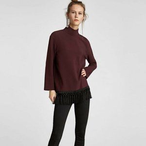 Zara High Neck Burgundy Top with Pompoms / Fringes